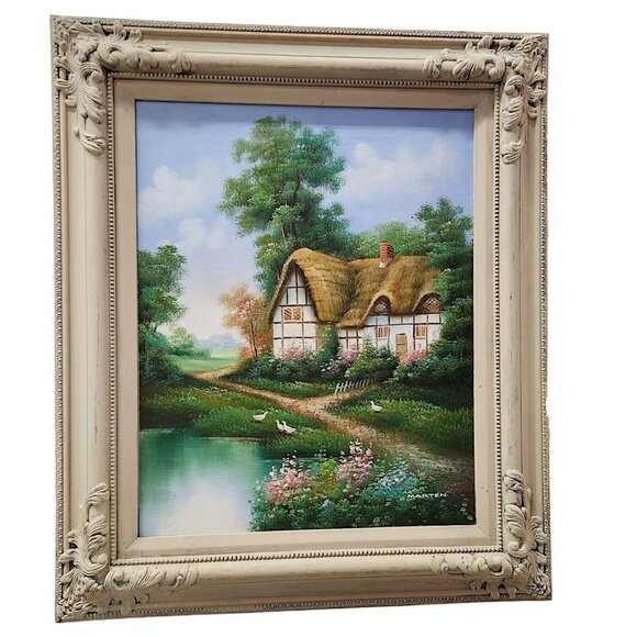 Vintage Country Cottage Original Oil Painting Canvas Signed "Marten" Cream Frame - Picture 1 of 16